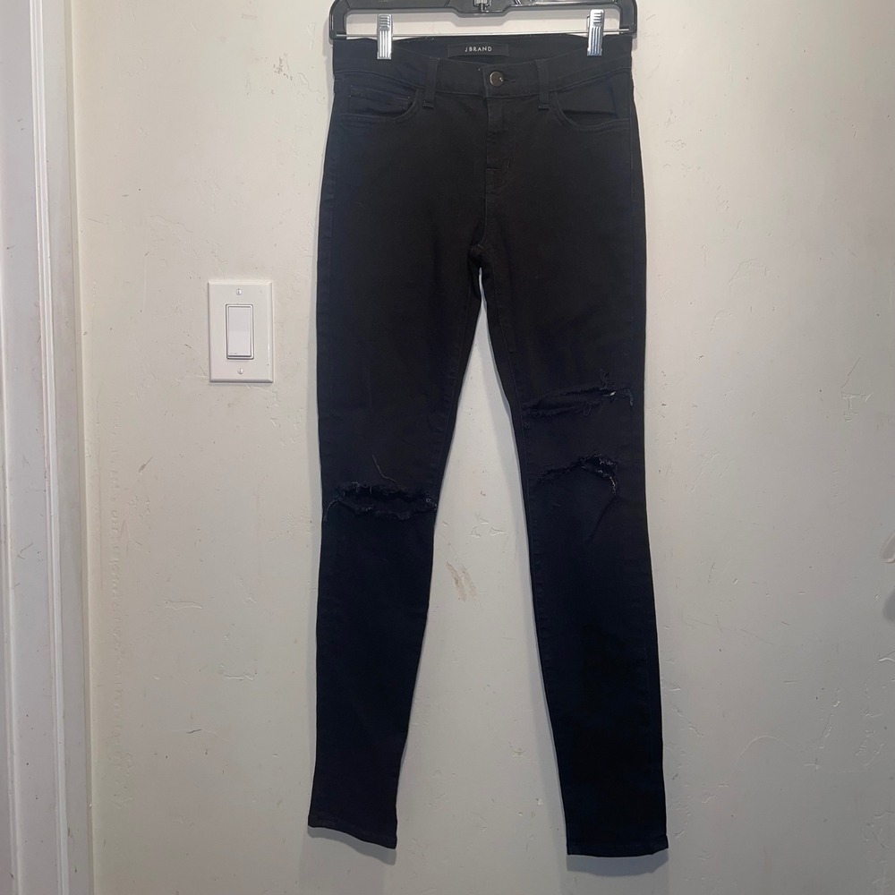 J Brand Womens Mid Rise Distressed Skinny Jeans Black Ripped Knee Denim size 26"